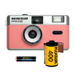 Cámara analógica 35mm Swiss+go Novocolor rosa con flash, funda, correa y carrete Kodak