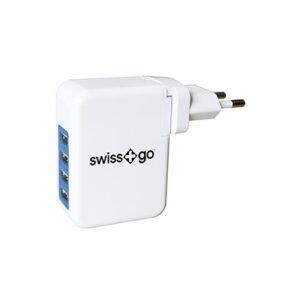 swiss+go C-42 Cargador de pared de Viaje | 4 puertos USB de salida | Kit adaptadores AC incluidos