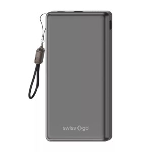 Swiss+Go EasyClip powerbank 10200mAh gris vista frontal con colgante cable integrado