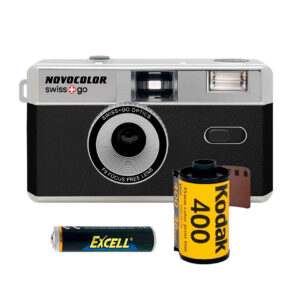 Swiss+go Novocolor 35mm Black Analog Camera with Black Flash Pack | Cover Strap | Kodak Film 36 Photos | AAA battery 12 swiss+go Novocolor 35mm Camera Pack with Flash and Black Case + Kodak Film 36 Photos + AAA Battery