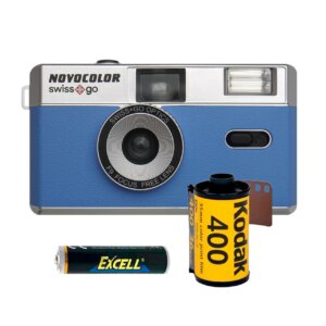 Swiss+go Novocolor 35mm Blue Analog Camera Pack with Flash | Cover Strap | Kodak Film 36 Photos | AAA battery 11 swiss+go Novocolor Pack 35mm Camera with Flash and Blue Case + Kodak Film 36 Photos + AAA Battery