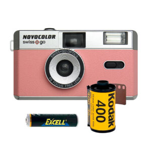 swiss+go Novocolor Pack 35mm Camera with Flash and Pink Case + Kodak Film 36 Photos + AAA Battery